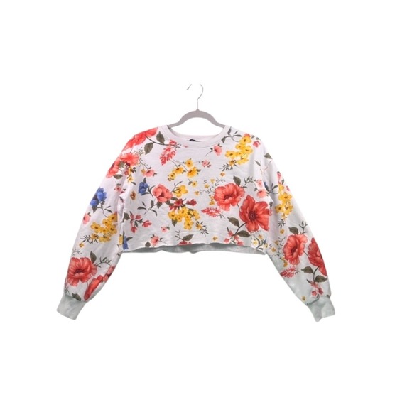 Forever 21 Floral Print Cropped Sweatshirt White Multicolor Size S - Picture 15 of 16